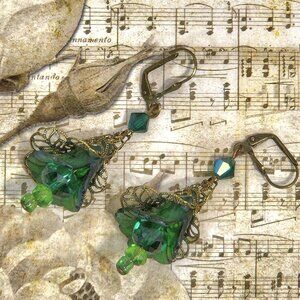 Fores Green Bronze Hand Painted Lucite Flower Earrings, Crystal, Filigree